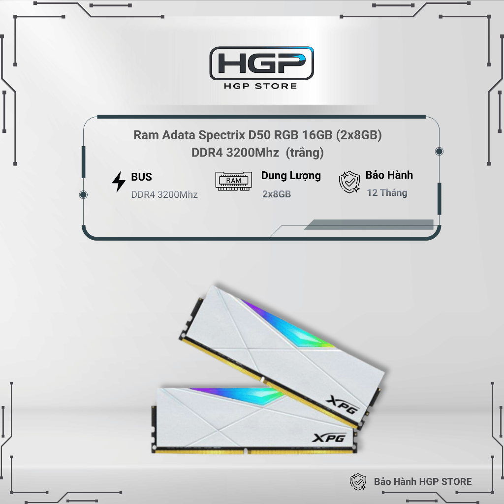Ram Adata Spectrix D50 RGB 16GB (2x8GB) DDR4 3200Mhz (AX4U320016G16A-SW50) (trắng)