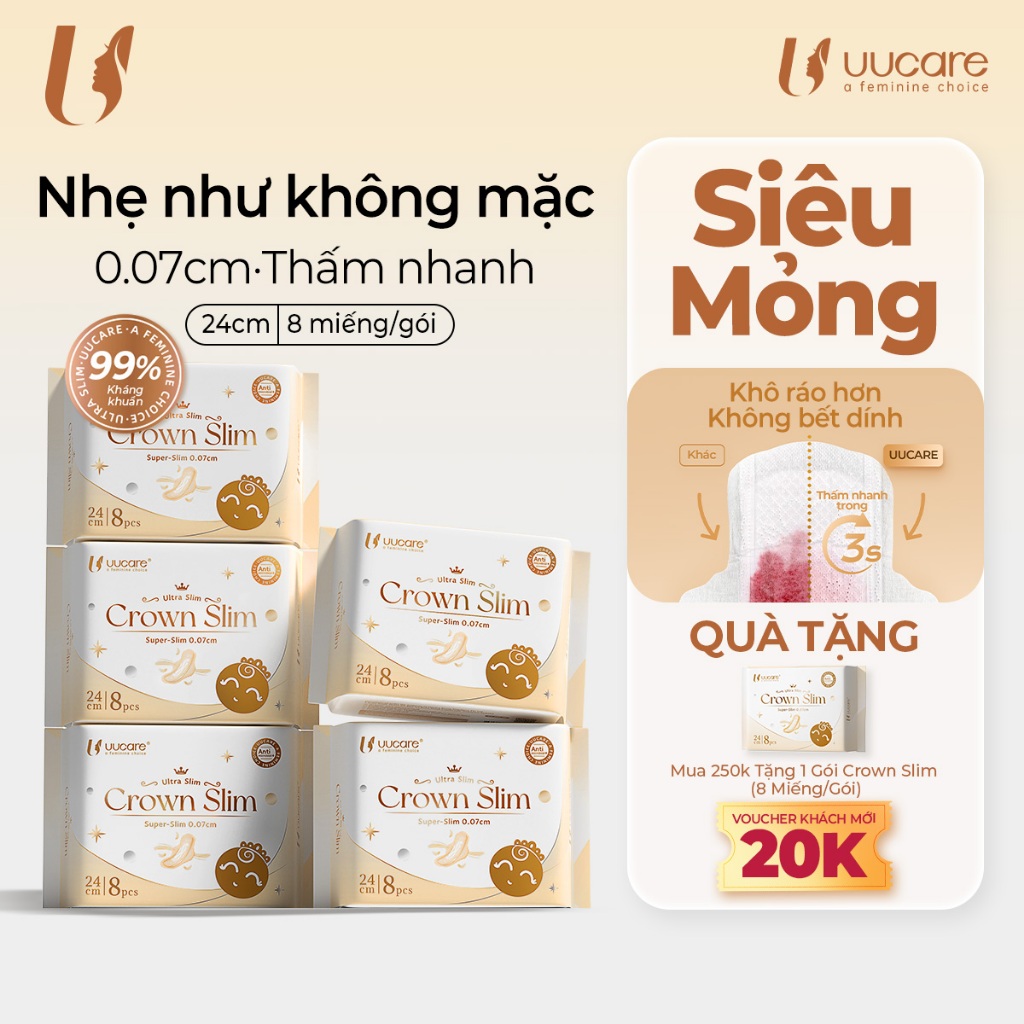 Combo Tiết Kiệm Băng Vệ Sinh UUcare Crown Slim Siêu Mỏng 0.07cm Kháng khuẩn Siêu thấm Ban Ngày 24cm 
