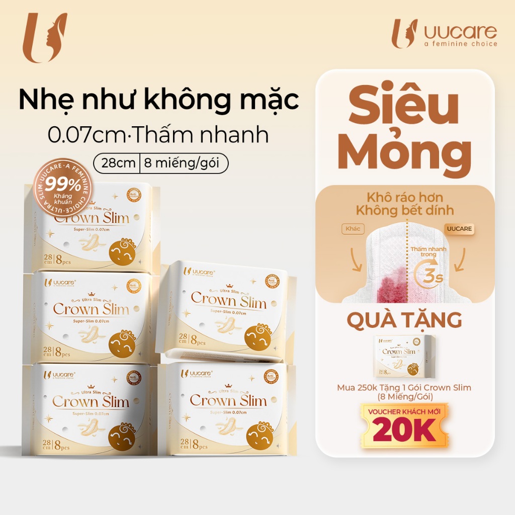 Combo Tiết Kiệm Băng Vệ Sinh UUcare Crown Slim Siêu Mỏng 0.07cm Kháng khuẩn Siêu thấm Ban Đêm 28cm 8