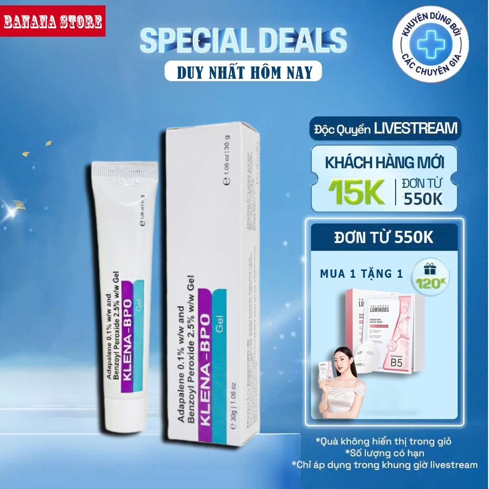 Gel Chấm Mụn Klena BPO Adapalene 0.1% and Benzoyl Peroxide 2.5% Dưỡng Trắng Cấp Ẩm Giảm Mụn Thâm Sẹo