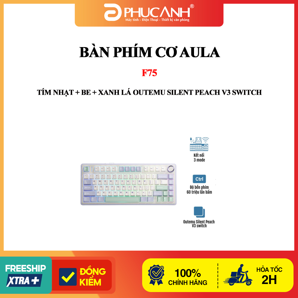 Bàn phím cơ Aula F75 tím nhạt + Be + Xanh lá Outemu Silent Peach V3 switch