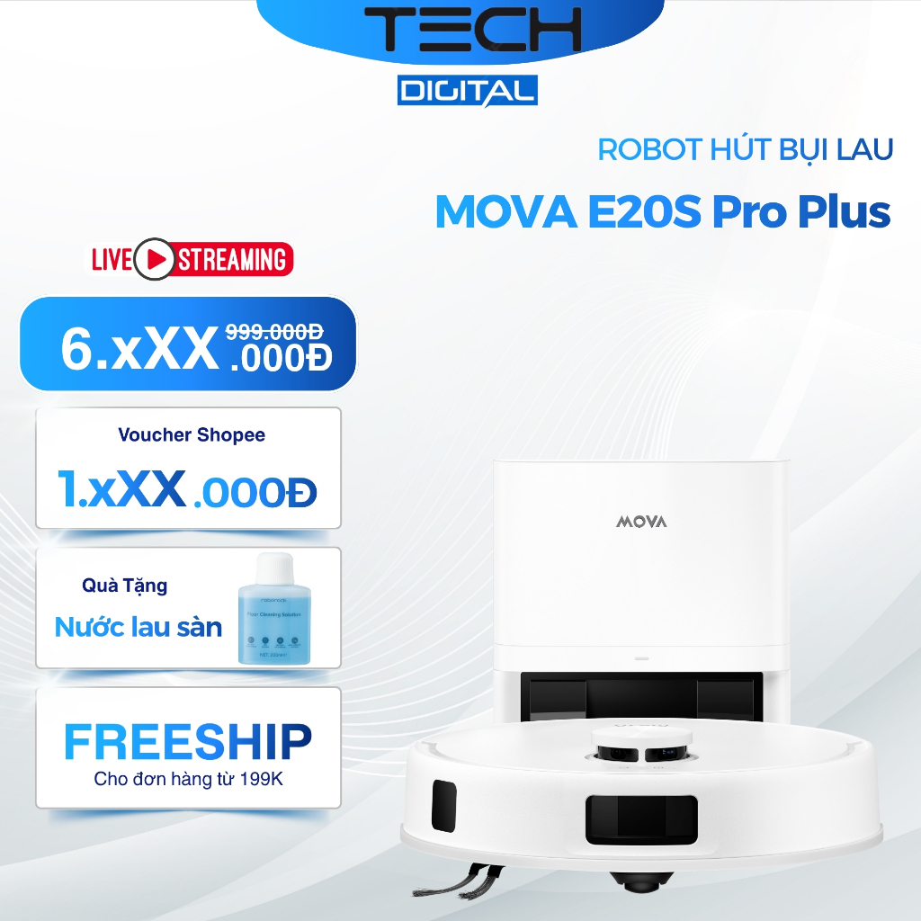 Robot Hút Bụi Lau Nhà Mova E20S Pro Plus 13.000Pa, Chổi Chống Rối | BH 36 Tháng