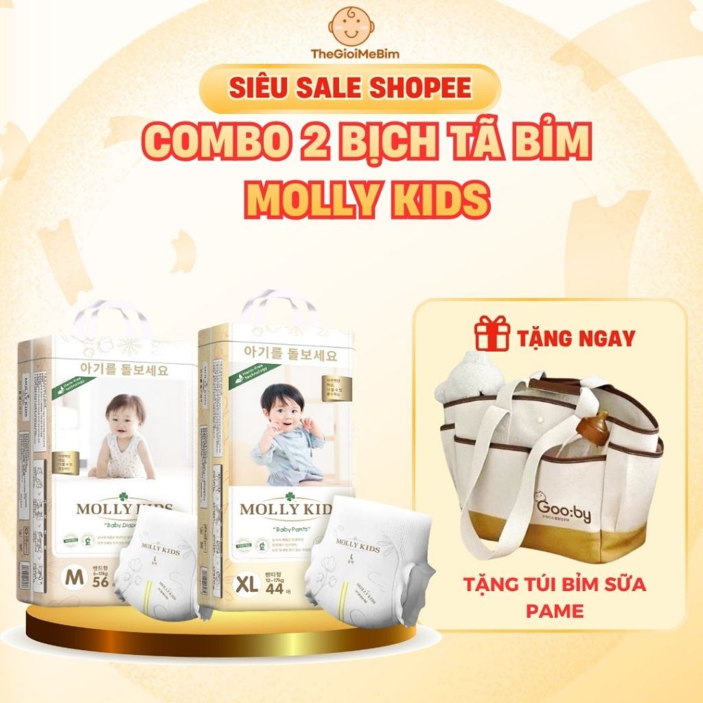 [ Tặng Túi Bỉm Sữa Pame ] 2 Bịch Tã/Bỉm Dán và Quần Molly Kids Bỉm Siêu Mỏng Nhẹ Cho Bé