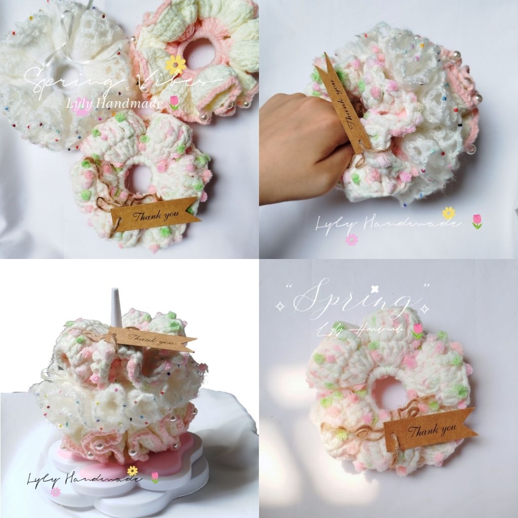 Scrunchies chủ đề mùa xuân/ Scrunchies tone hồng trắng bằng len handmade