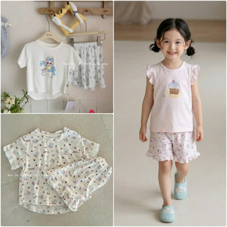Bộ quần áo cộc tay cho bé gái HK KIDS, bộ ngủ mặc nhà chuẩn Quảng Châu chất Tencel kháng khuẩn sz 2-10 tuổi (WY)