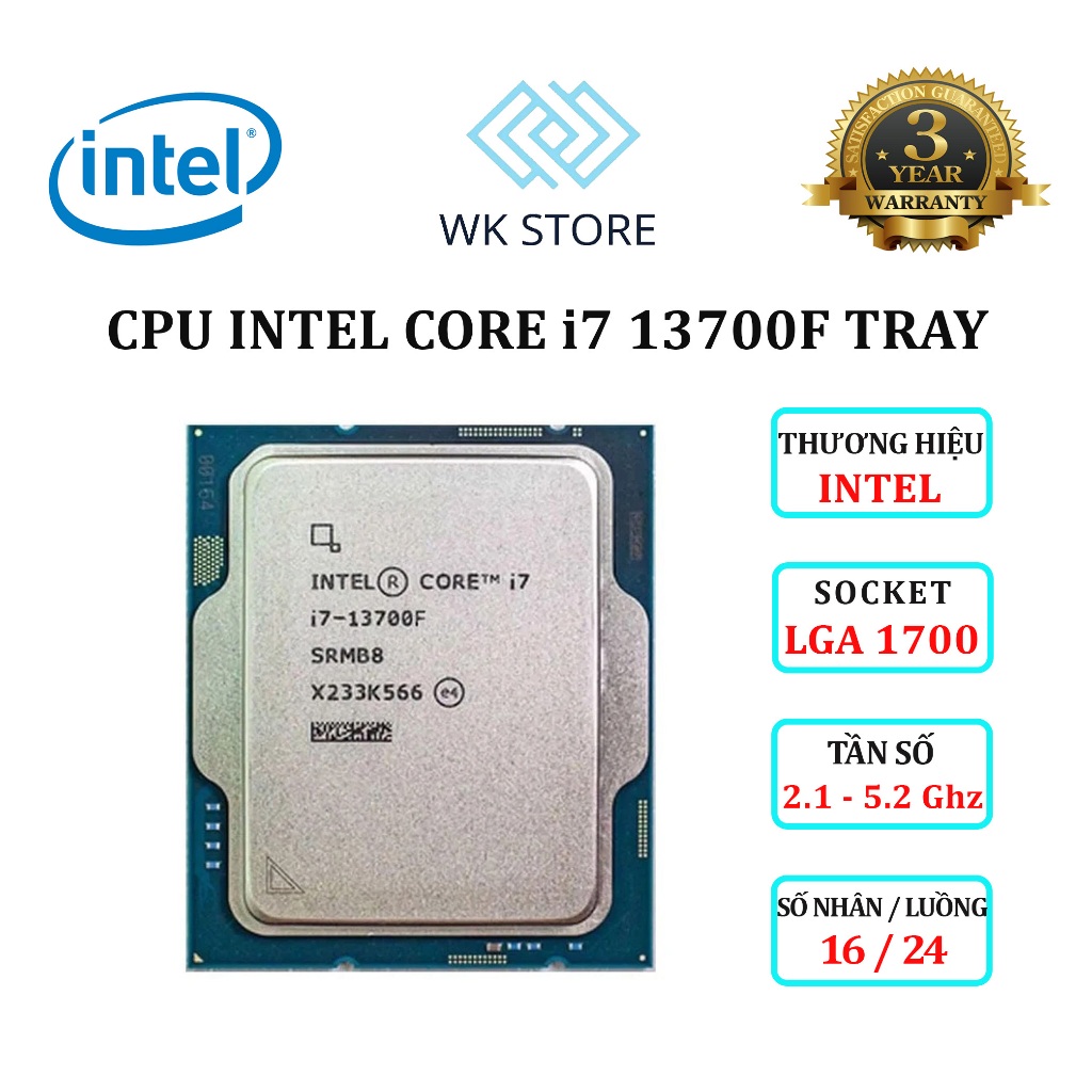 Bộ vi xử lý Intel Core i7 13700F | 2.1GHz Turbo 5.2GHz, 16 Nhân 24 Luồng, 30MB, LGA 1700 | Mới, BH 3