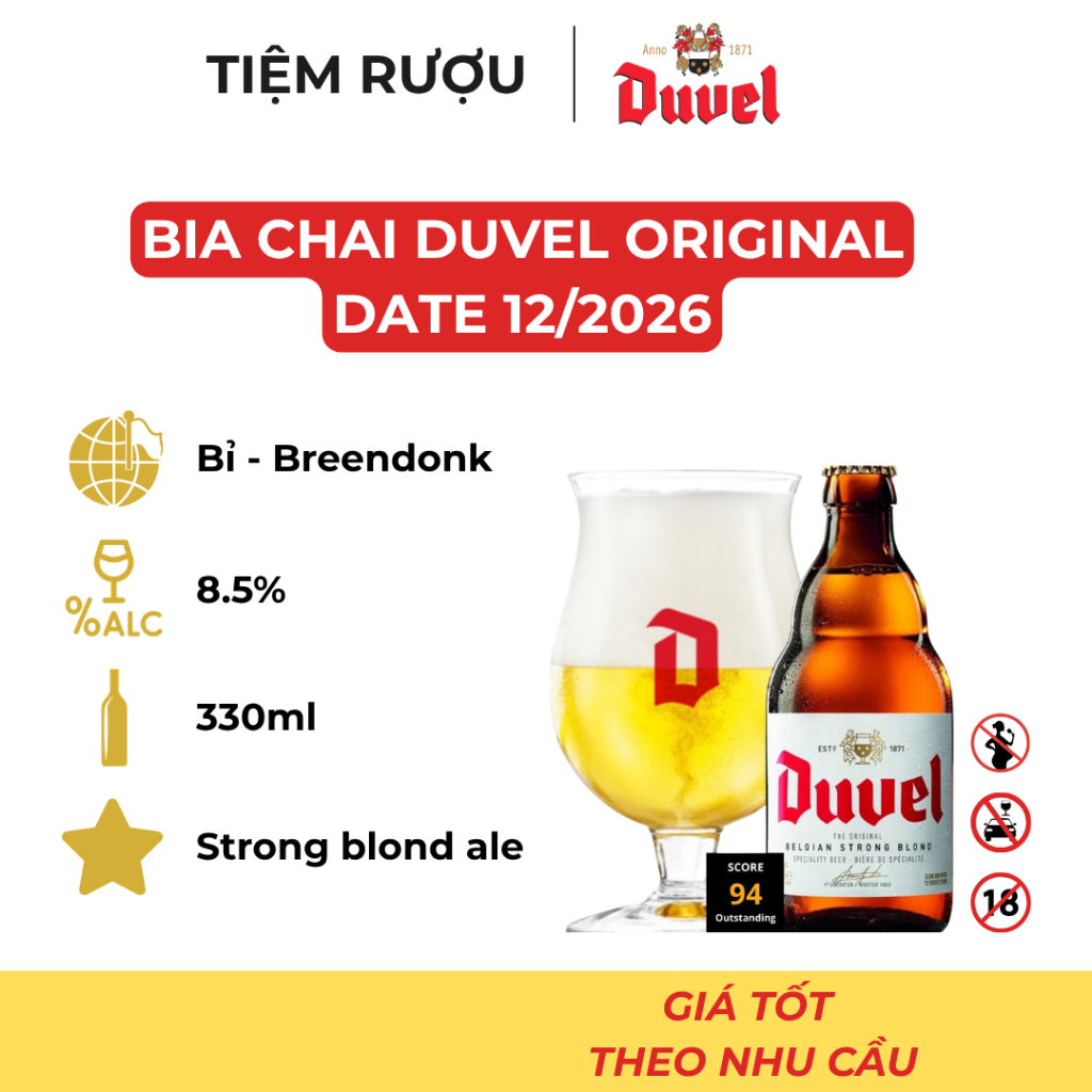 Bia Duvel Original 8.5%, Chai 330ml, Date 12/2026 - Huyền Thoại Bia Mạnh Đến Từ Vương Quốc Bỉ