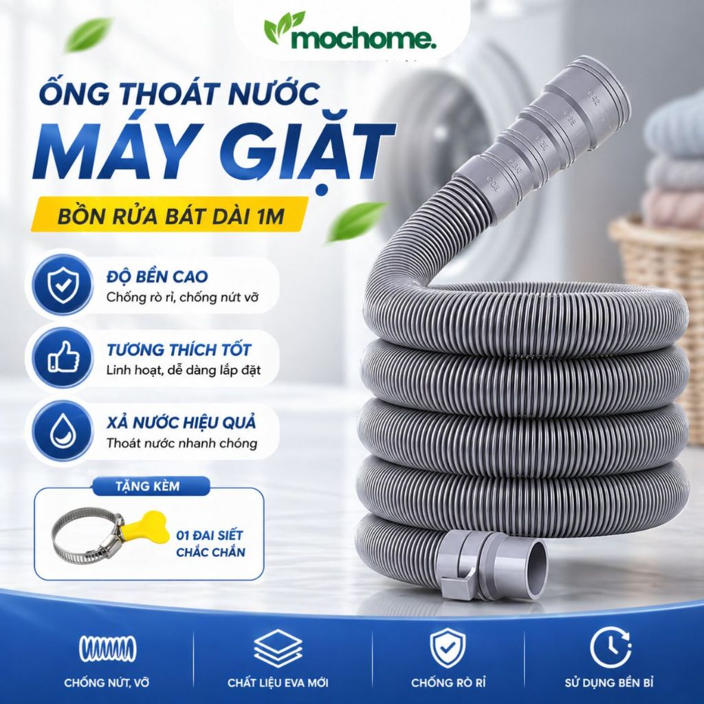 Ống Thoát Nước Máy Giặt, Bồn Rửa Bát Mochome Dài 1m - Dây Xả Nhựa EVA Siêu Dẻo Chống Nứt, Rò Rỉ