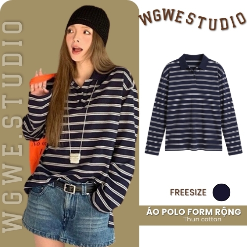 Áo Polo Unisex Form Rộng WGWE Studio Kẻ Sọc Ngang, Áo Polo Nam Nữ Basic Trẻ Trung 6964