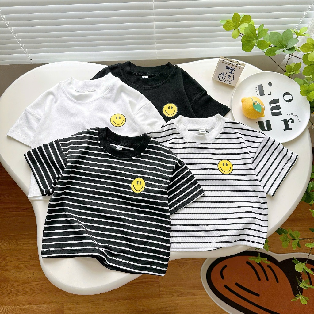 Áo phông cho bé trai bé gái Kẻ Ngang Thêu mat cuoi cực xinh BE KOREA