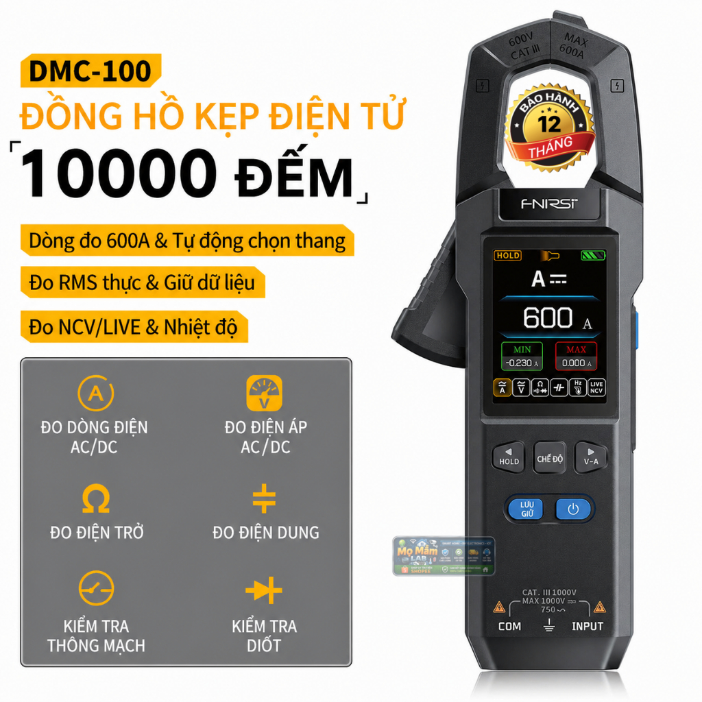 Đồng hồ ampe kìm đa năng 600A FNIRSI DMC-100 màn hình màu, đo AC/DC, NCV, chính hãng, BH 12 tháng