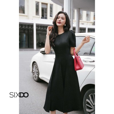 Đầm midi woven ngắn tay cổ tròn SIXDO (Black Woven Flared Dress)