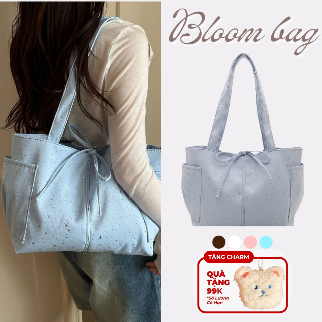 Túi tote đeo vai canvas phối sao dập nổi mỏng nhẹ đựng vừa lap 15.6 inch túi đeo vai đi học đi làm đi chơi hàng ngày