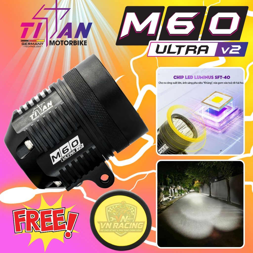 Đèn Trợ Sáng Titan M60 Ultra V2 60W Chính Hãng Bi LED Siêu Sáng Gắn Xe Máy Ô Tô Chống Nước BH 1 Năm