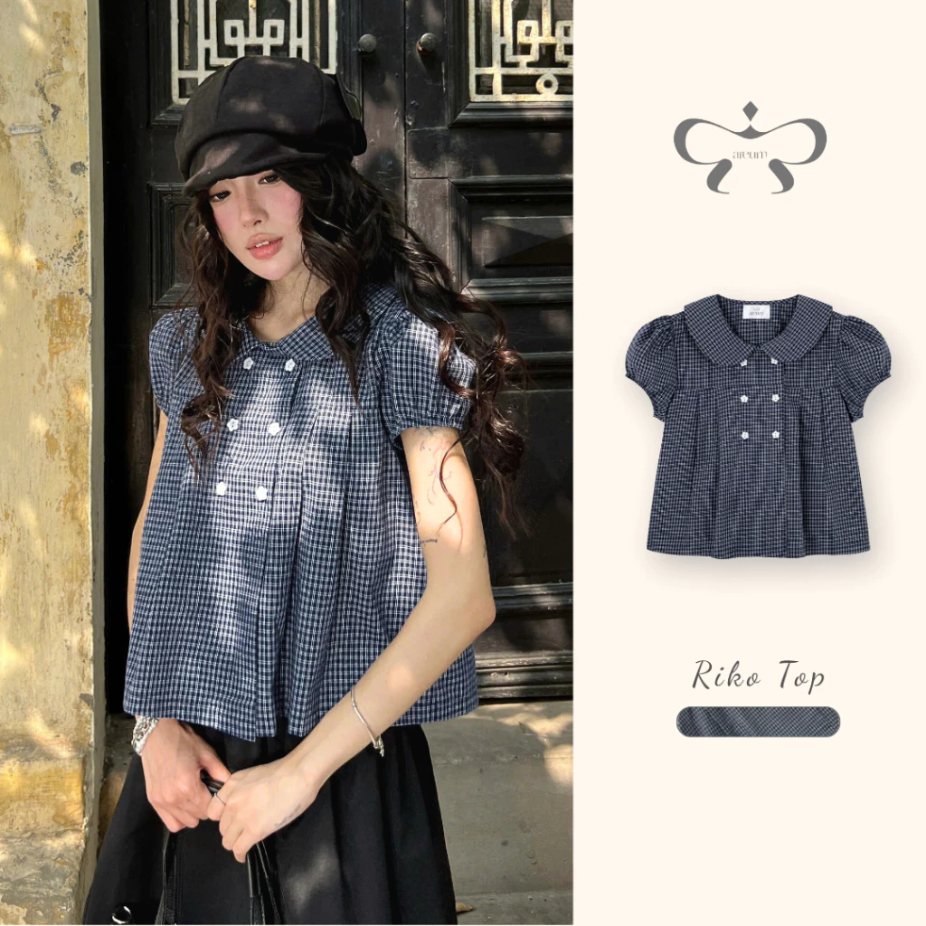 Áo sơ mi kiểu KORI TOP CỔ SEN tay bồng vải caro by Bun222 | BigBuy360 - bigbuy360.vn