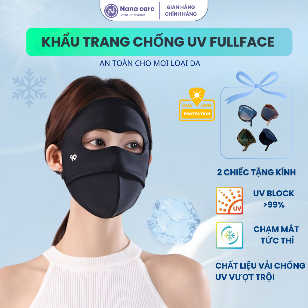 [Fulface Có Gọng] Khẩu Trang chống UV Toàn Mặt Có Gọng Có Gọng > 99% UV Nanacare, Chất liệu lụa băng