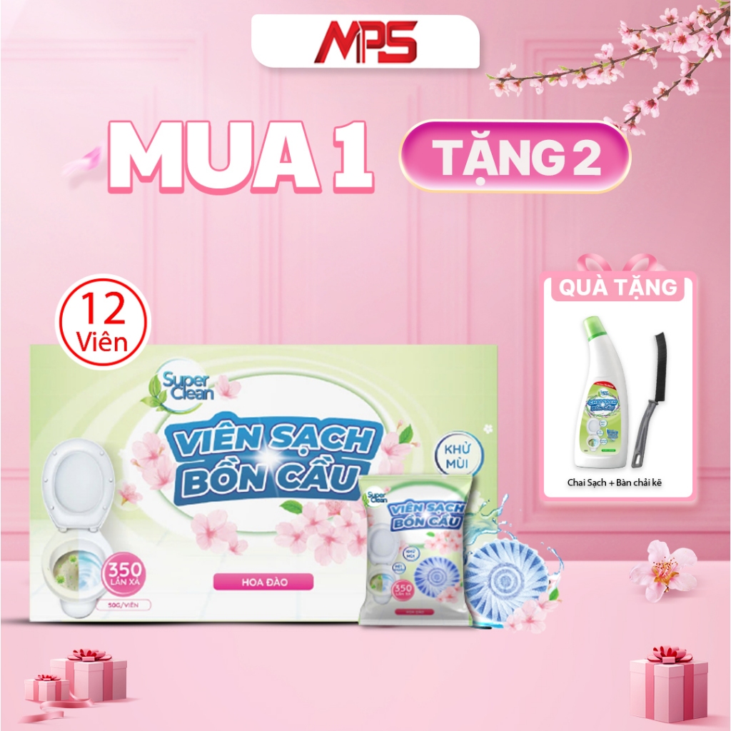 Combo 12 Viên Cạch Bồn Cầu Super Clean - Tặng 1 Chai Sạch Bồn Cầu Super Clean và 1 Bàn Chải Kẽ - MPS