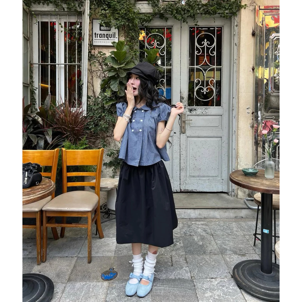 Áo sơ mi kiểu KORI TOP CỔ SEN tay bồng vải caro by Bun222 | BigBuy360 - bigbuy360.vn