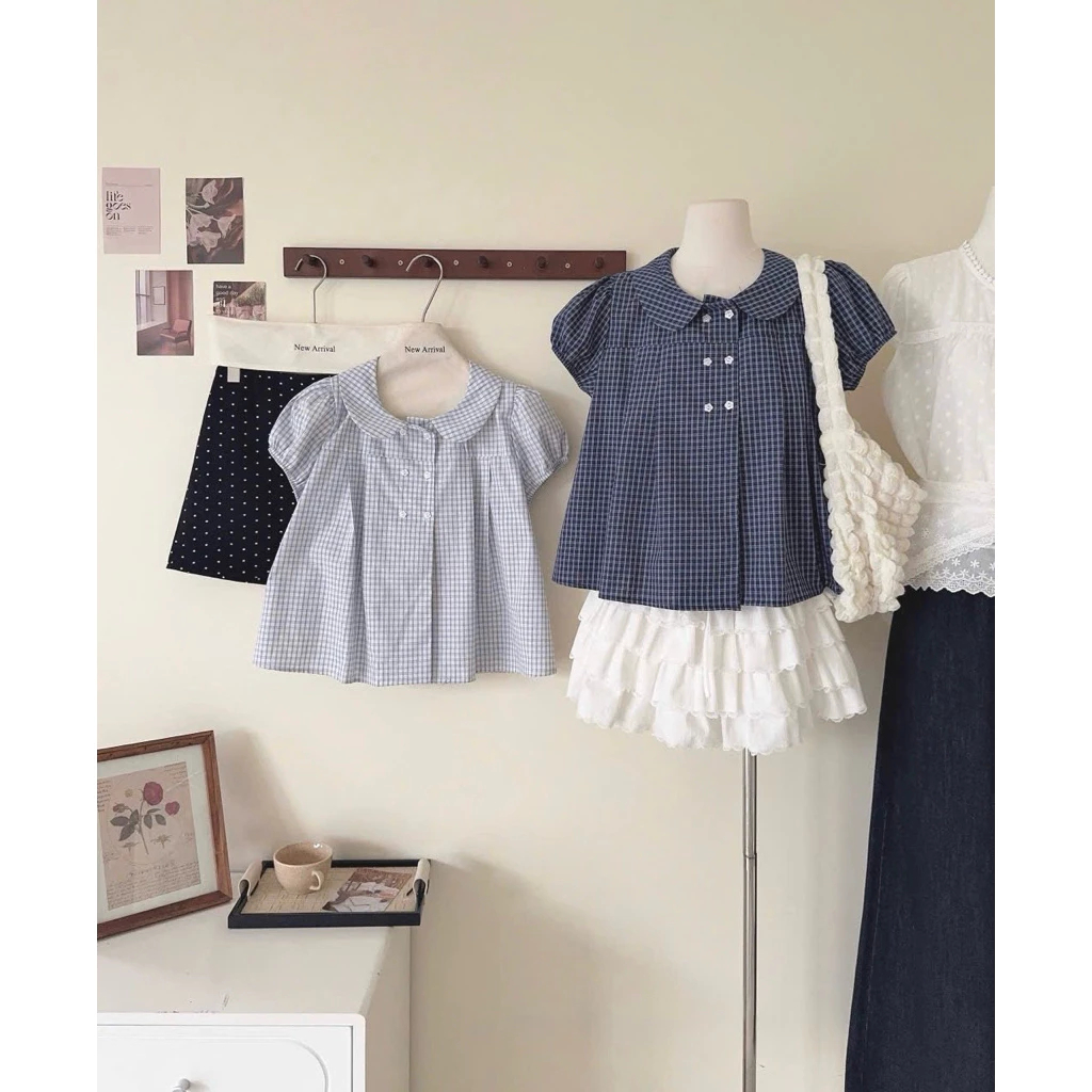 Áo sơ mi kiểu KORI TOP CỔ SEN tay bồng vải caro by Bun222 | BigBuy360 - bigbuy360.vn