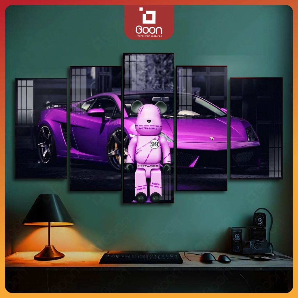 Bộ 5 Tấm Tranh Tráng Gương Decor Gấu Bearick Siêu Xe in nổi Dán Tường Kèm Keo Dán Sẵn 3M
