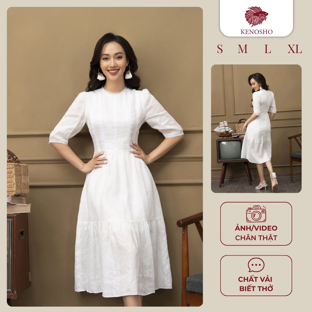 Váy Linen Nữ K115 - Đầm Đuôi Cá Cổ Tròn Thêu Ren Ngực Thiết Kế Thanh Lịch Cao Cấp
