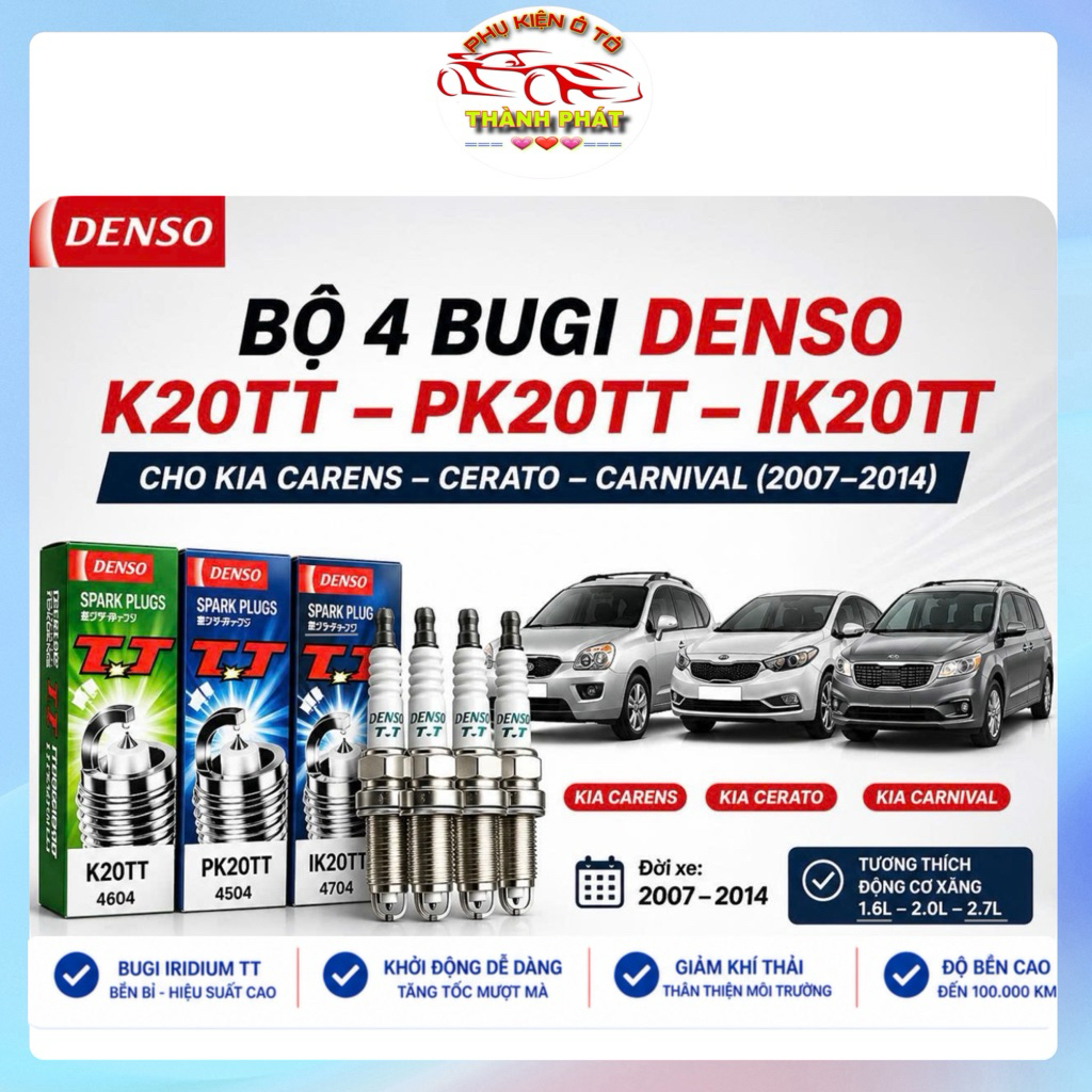 Bộ 4 Bugi Denso Chính Hãng Cho Xe Kia Carens Cerato Carnival 2007–2014 Mã K20TT PK20TT IK20TT