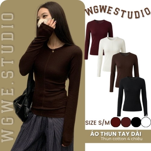 WGWE Áo Thun Nữ Ôm Body 7435 Tay Dài Thắt Eo Co Giãn Dáng Basic