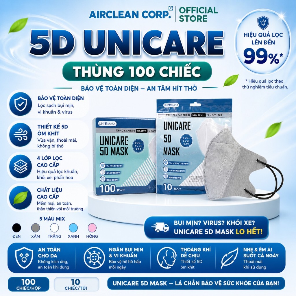 Thùng 100 chiếc khẩu trang 5D Unicare màu Xám, Khẩu trang 5D Mask màu Xám cao cấp