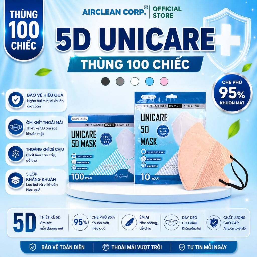 Thùng 100 chiếc khẩu trang 5D Unicare màu Hồng, Khẩu trang 5D Mask màu Hồng cao cấp