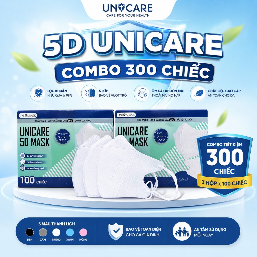 Khẩu Trang 5D UNICARE -  Thùng 300 Chiếc Khẩu Trang  Khán Khuẩn, 3 Lớp Chống Bụi Mịn