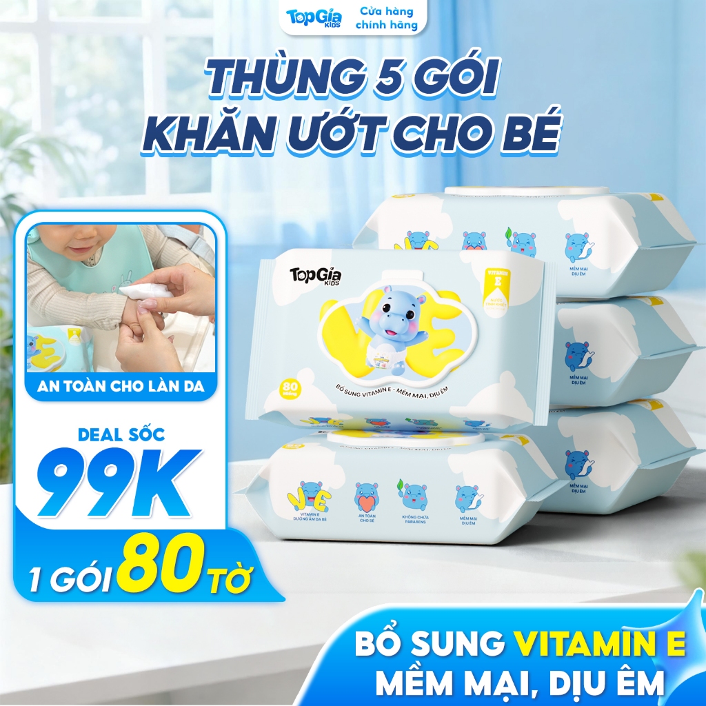 [DEAL SỐC 99K] Khăn Ướt Trẻ Em VE Topgiakids Chứa Tinh Chất Vitamin E, Không Mùi, An Toàn Cho Mẹ và Bé Gói 80 Miếng