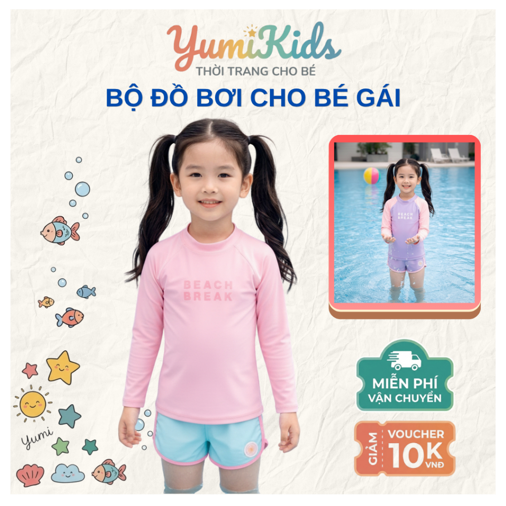 Bộ Đồ Bơi Cho Bé Gái Áo Dài Tay + Quần Đùi Cho Bé Size 10-50 Kg | Đồ Bơi Cho Bé Gái Bk57