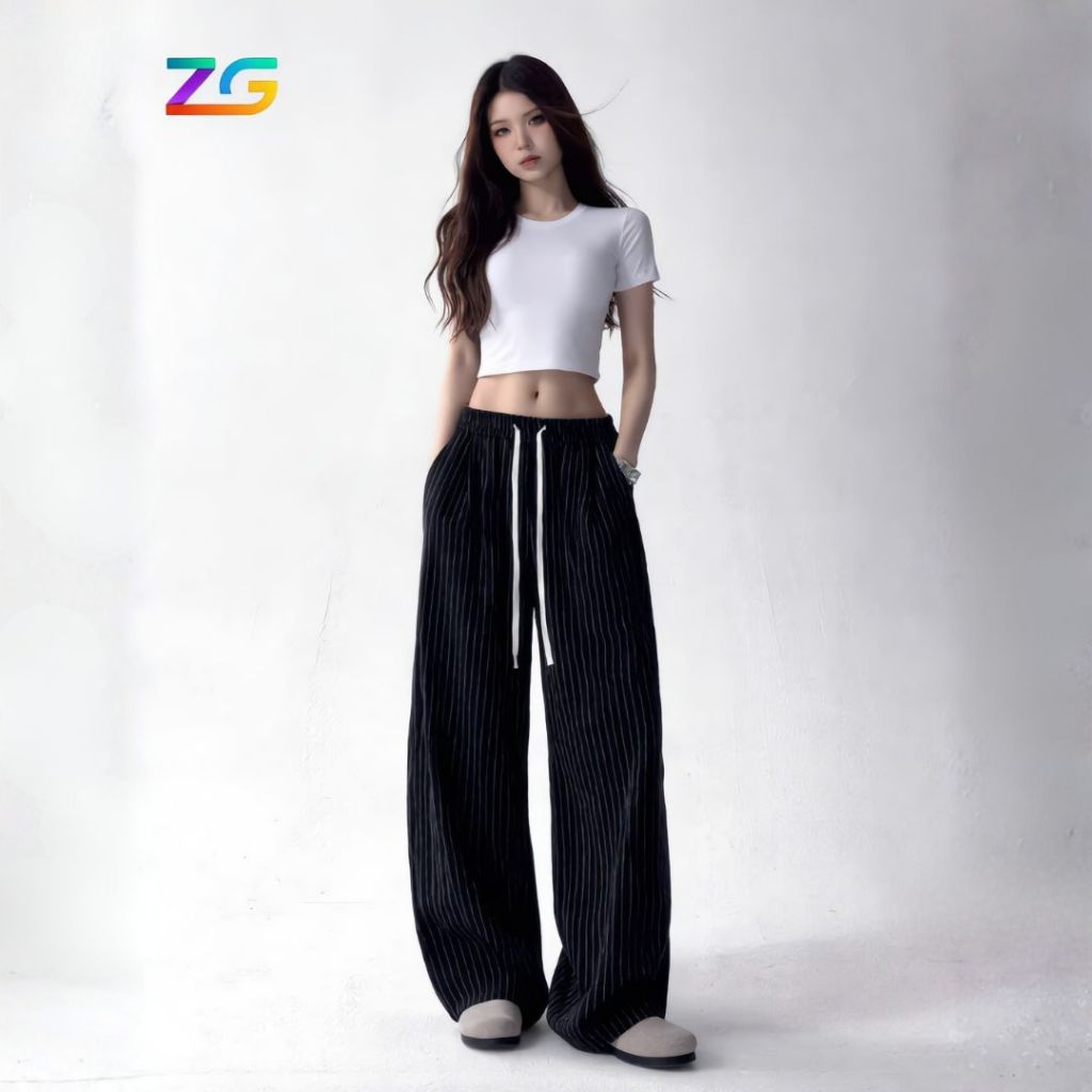 Quần ống rộng kẻ sọc ZGO cạp chun lưng cao form unisex chất vải không nhăn mềm mát QZG03