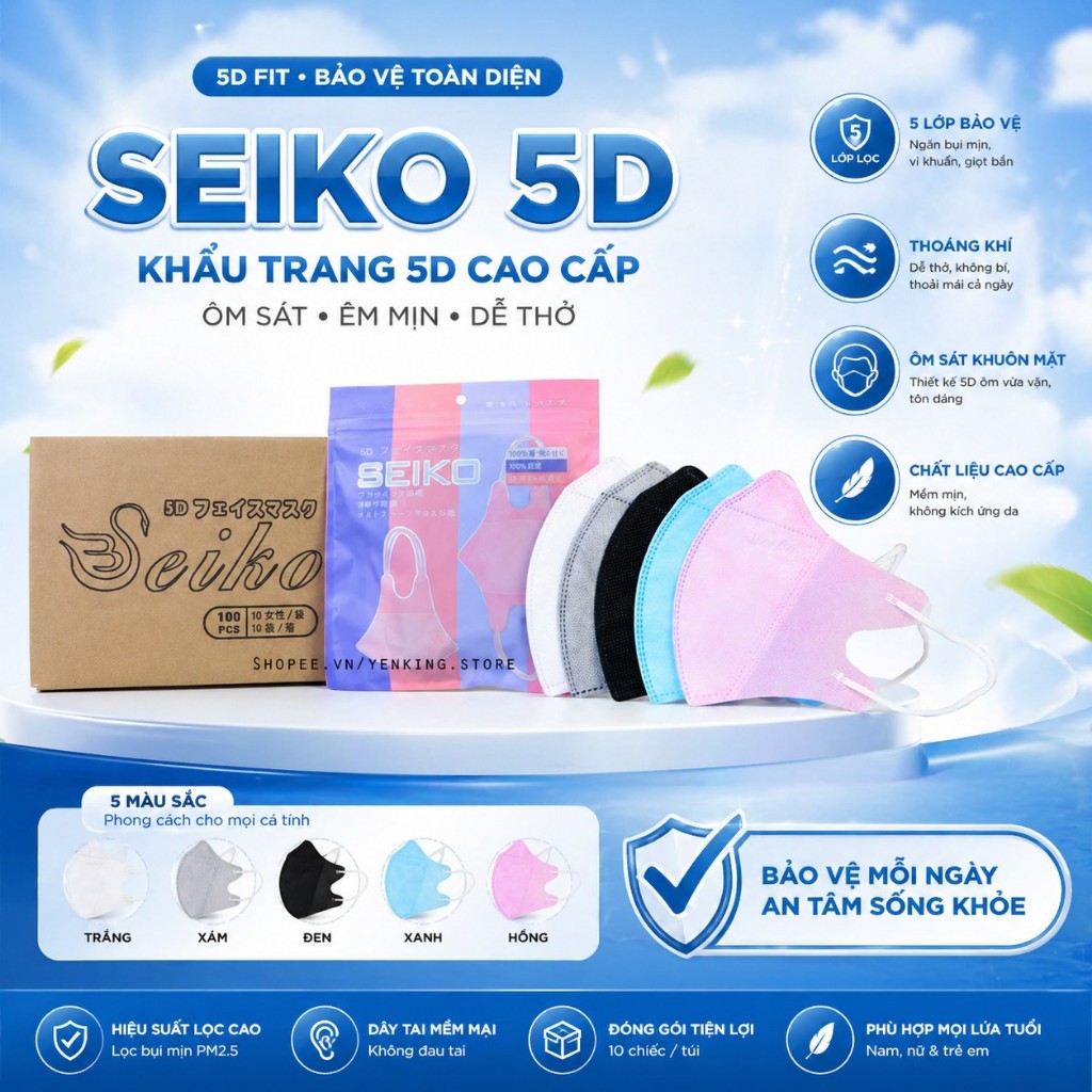 Thùng 130 Chiếc Khẩu Trang SEIKO Chính Hãng 3 Lớp Kháng Khuẩn