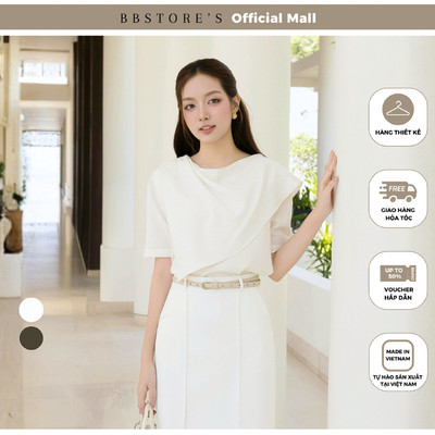BBSTORE'S Áo Kiểu Công Sở Cotton Tay Lửng Vân Gỗ Phối Vạt Cổ Nhọn - AAE21T