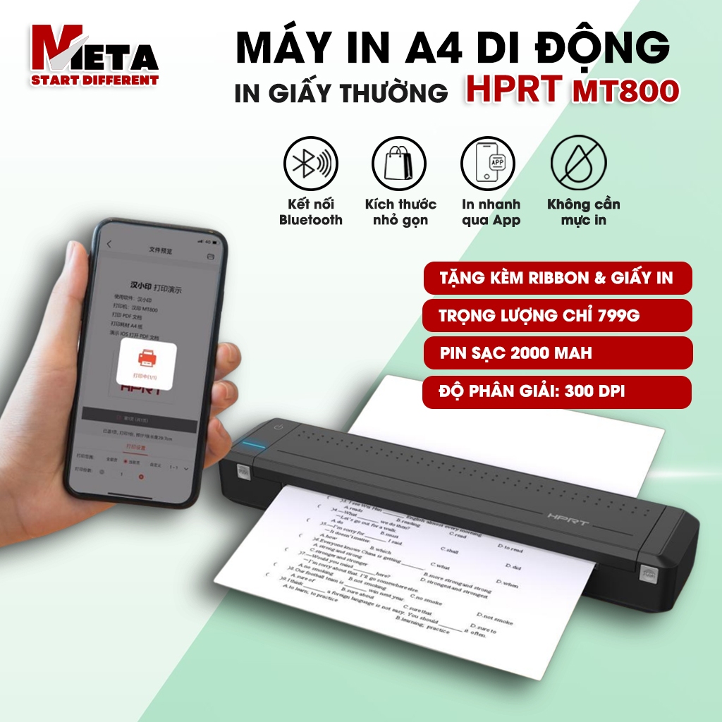 Máy in A4 DI ĐỘNG HPRT MT800 - In Giấy Thường, Không Cần Mực Kết Nối Bluetooth - Hàng chính hãng