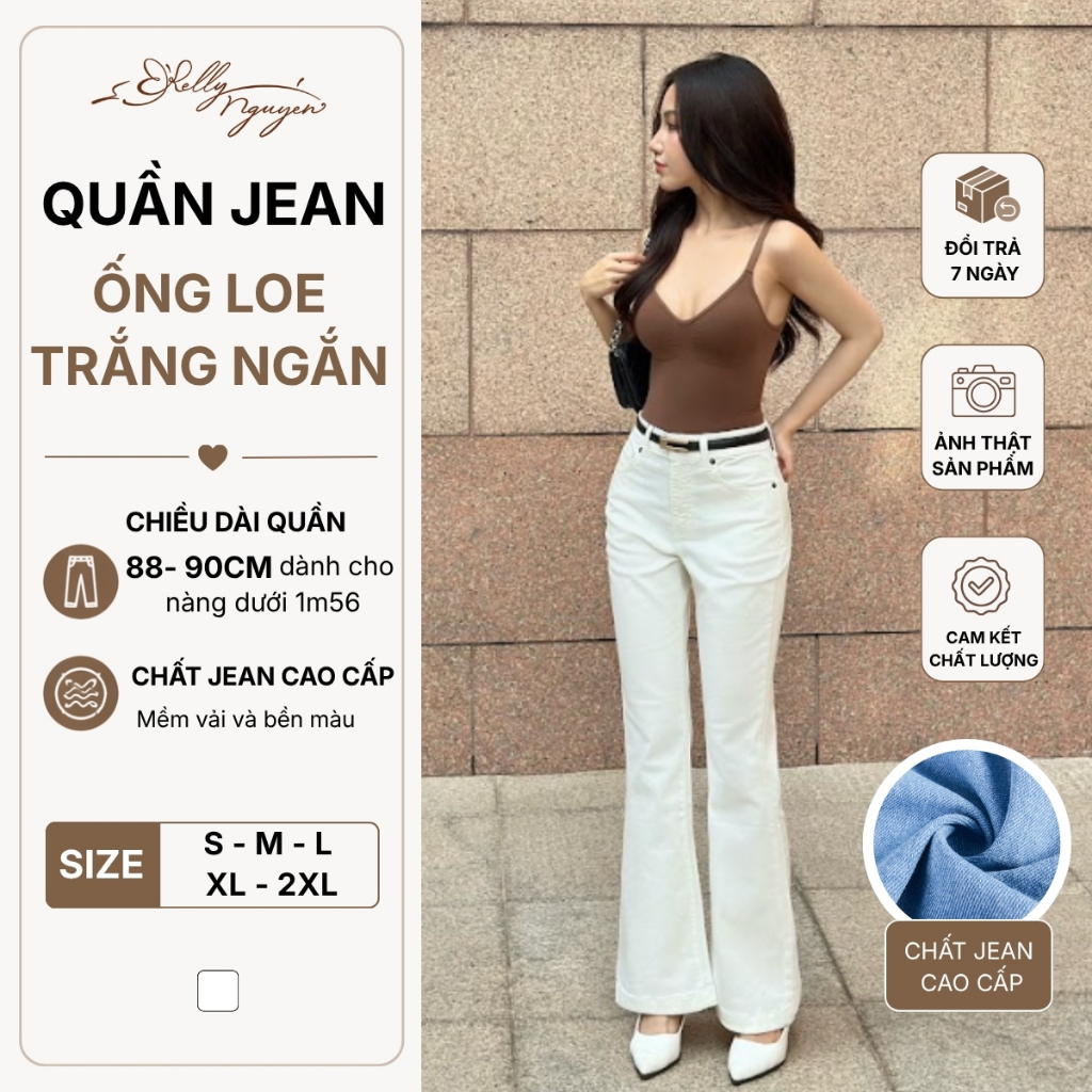 Quần ống loe trắng, chiều dài quần 88-90cm dành cho các nàng dưới 1m56, Kelly Nguyễn
