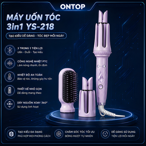 Máy Uốn Tóc Tự Động Kèm Đầu Lược Điện Ion Âm 3in1 YS-218 - Máy Uốn Xoăn 3in1 ONTOP VIETNAM