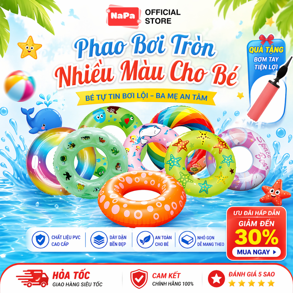 Phao Bơi Tròn 2 Lớp Cao Cấp 60–90cm Cho Bé & Người Lớn, Phao Tập Bơi, Phao Cứu Sinh 2 Van Hơi An Toàn, Phao Bơi Trẻ Em