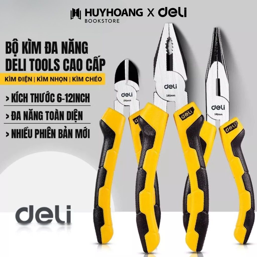 Bộ 3 Kìm Đa Năng Deli Thép CR-V Chống Gỉ- Kìm Cắt Dây Điện, Kìm Mũi Nhọn, Kìm Kẹp Cắt Thép, Tools