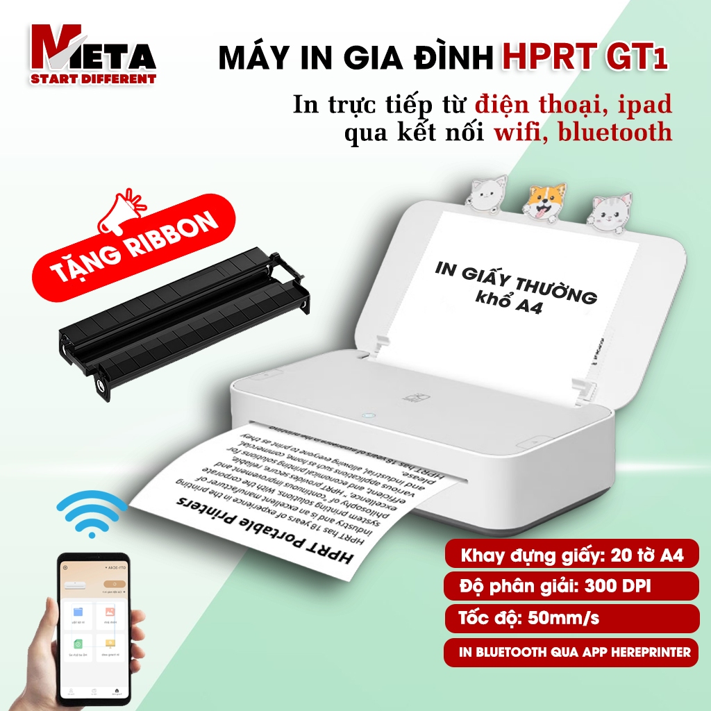 Máy in A4 Gia Đình HPRT GT1 - In Giấy Thường, Kết Nối Bluetooth/WiFi - TẶNG XẤP GIẤY A4[Hỏa tốc HCM]