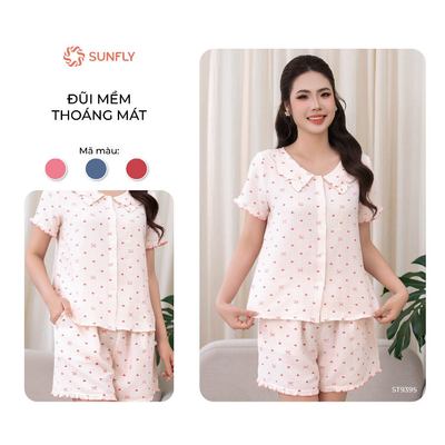 Bộ mặc nhà pijama nữ SUNFLY đũi mềm họa tiết đọc quyền áo cộc quần sooc ST9395