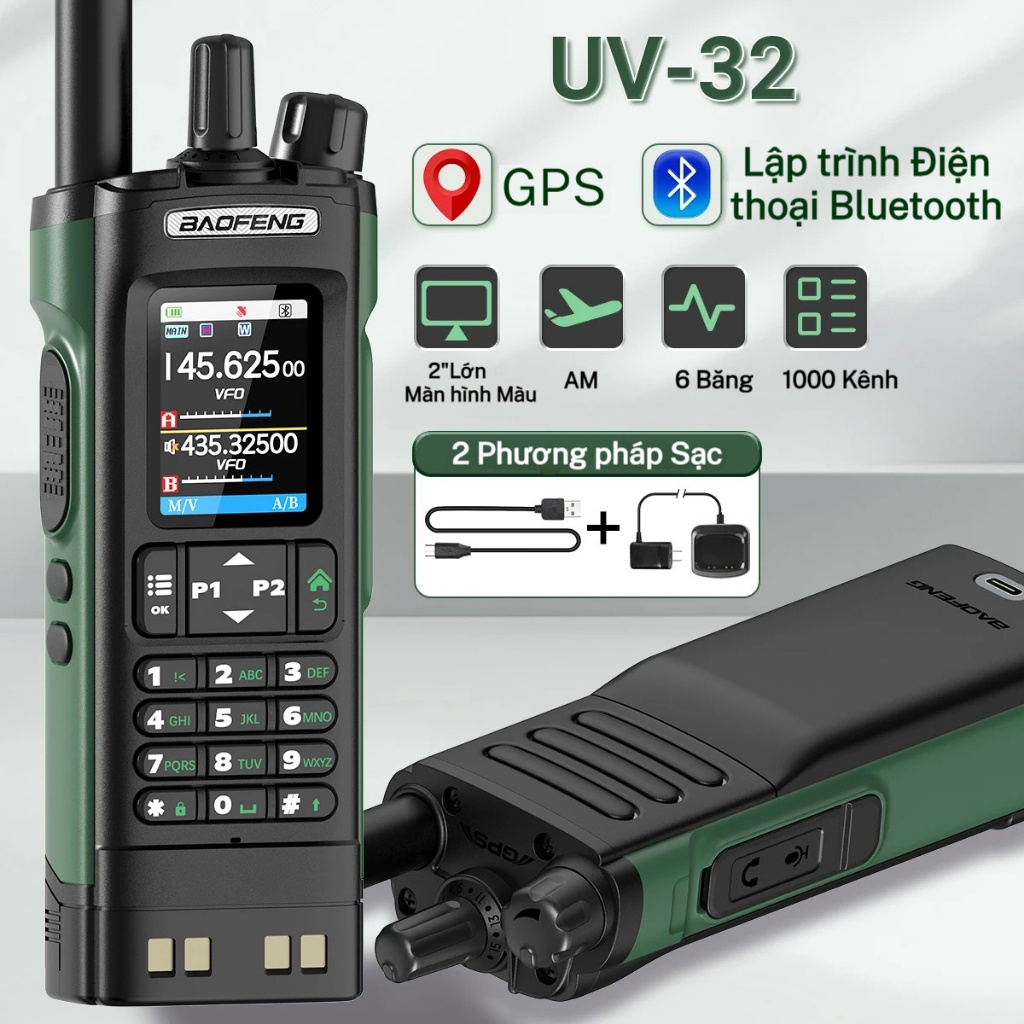 Bộ Đàm Baofeng UV32 Công Suất Lớn 10w Bluetooth. Chức năng định vị GPS, phiêu lưu ngoài trời, bộ đàm