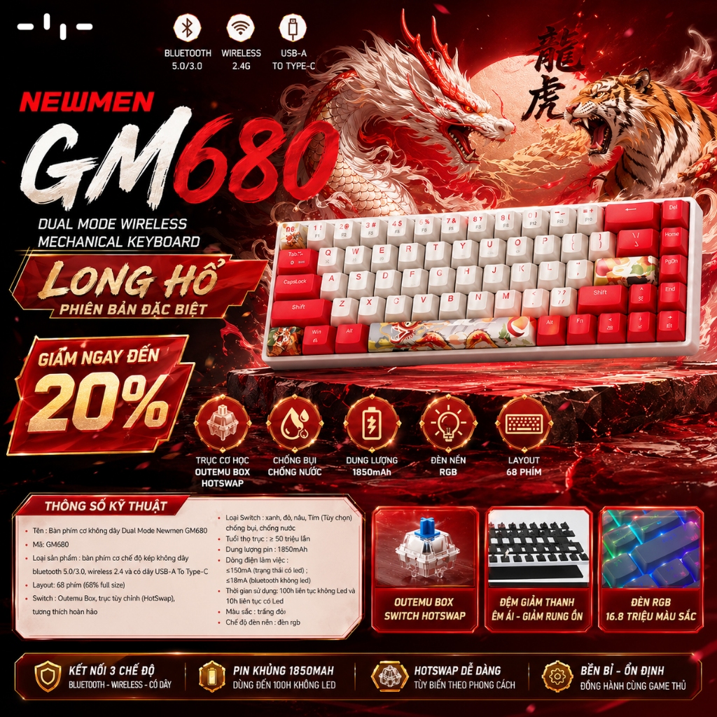 Bàn Phím Cơ Không Dây Dual Mode Newmen GM680, Layout 68 phím Hotswap, Bảo Hành 24 Tháng