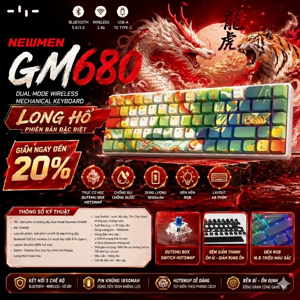 Bàn Phím Cơ Không Dây Dual Mode Newmen GM680 (Ngoạ Hổ Tàng Long),Layout 68 phím Hotswap,Đa Chế Độ Kế