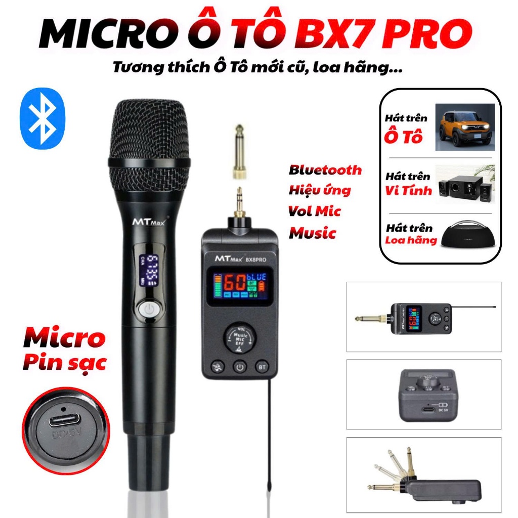 Micro chỉnh echo reverb MTMAX BX7 Pro Pin Sạc , Dùng Cho Loa Di Động, Xe Ôtô, Loa Kéo, Amply