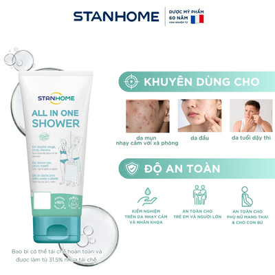 Rửa mặt, tắm, gội 3 trong 1 cho da dầu mụn, mụn lưng ngực, tóc bết Stanhome All In One Shower Gel 200ml