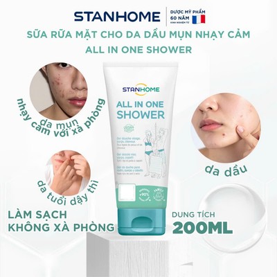 Gel rửa mặt giúp làm sạch bụi bẩn, dầu nhờn  cho da hỗn hợp, da dầu mụn Stanhome All In One Shower Gel 200ml