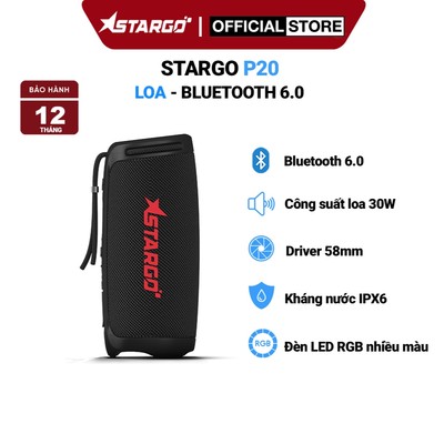 Loa Bluetooth StarGO P20, kháng nước IPX6, hiệu ứng đèn Led RGB, cấu tạo 2 Driver 58mm,Bluetooth 6.0