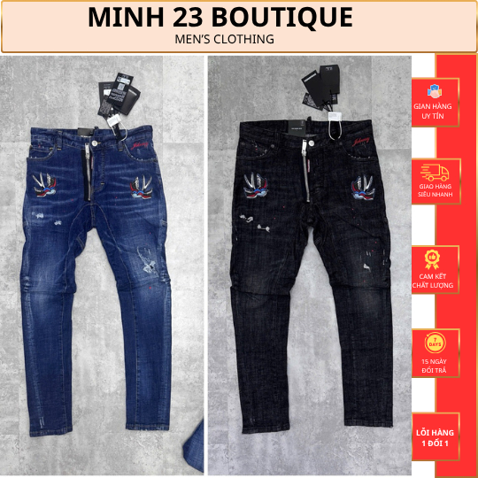 Quần Jean Nam Mã D2-14 Mẫu Thêu Chim Én Was Rách, Vảy Sơn, Khoá Lệch From Biker Thể Thao Cao Cấp, Fr